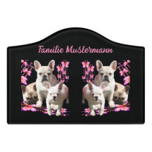 French bulldog with three bulldoggs in pink