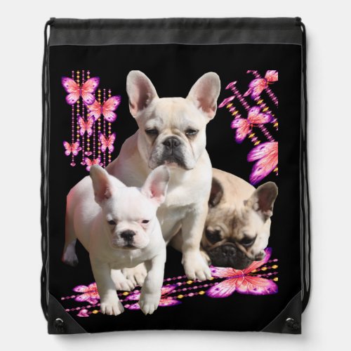 French bulldog with three bulldoggs in pink drawstring bag