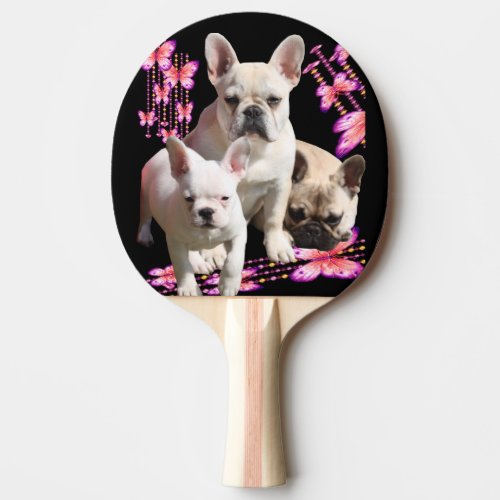 French bulldog with three bulldoggs in pink ping pong paddle