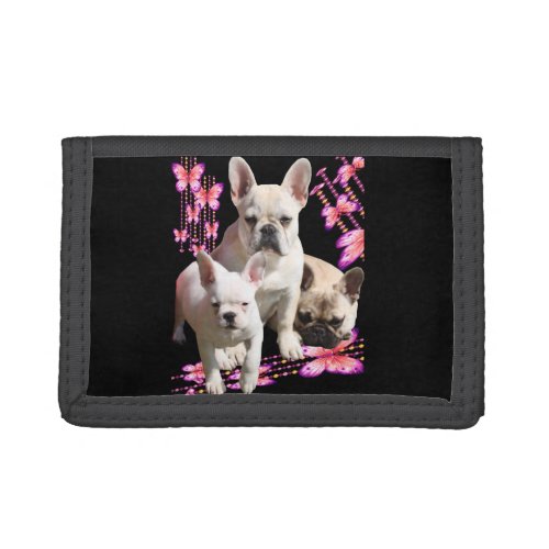 French bulldog with three bulldoggs in pink trifold wallet