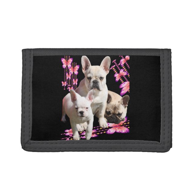 French bulldog with three bulldoggs in pink trifold wallet (Front)