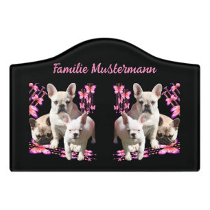 French Bulldog with three bulldogs in pink Door Sign