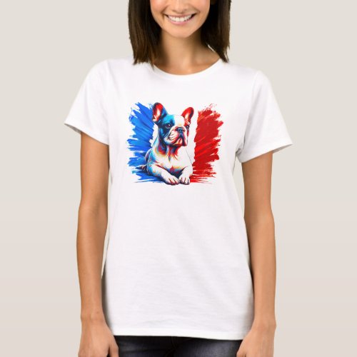 French Bulldog with Tricolor Flag of France T_Shirt