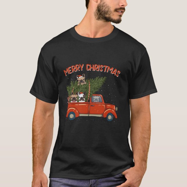 French bulldog Xmas Vintage Red Pickup  T-Shirt (Front)