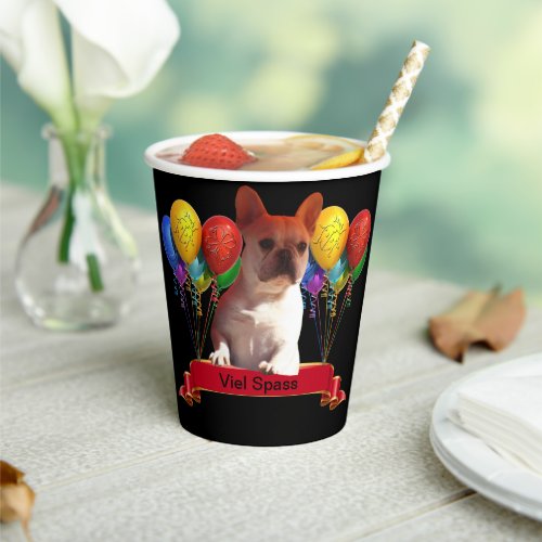 French bulldogge with balloons paper cups