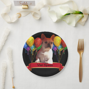 French bulldogge with balloons paper plates