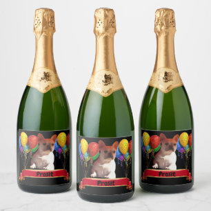 French bulldogge with balloons sparkling wine label