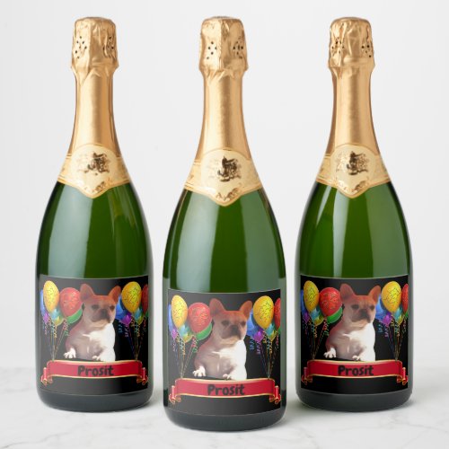 French bulldogge with balloons sparkling wine label