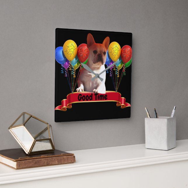French bulldogge with balloons square wall clock (Office)