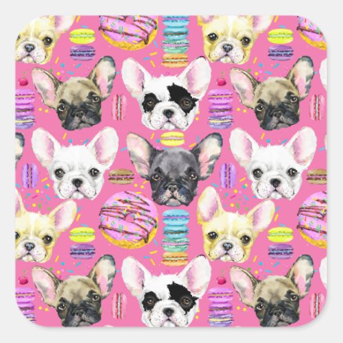 French Bulldogs and Rainbow French Macaron Cookies Square Sticker