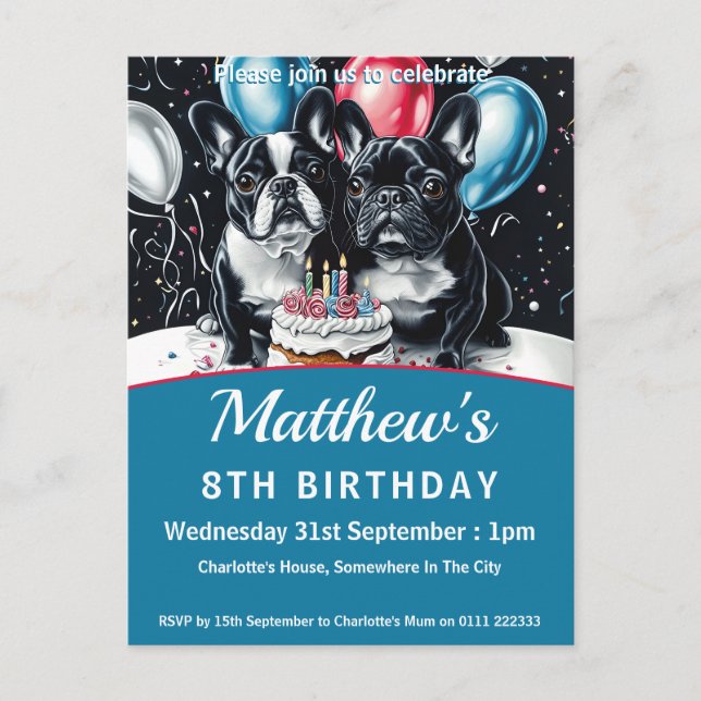 French Bulldogs Birthday Party Invitation Postcard (Front)