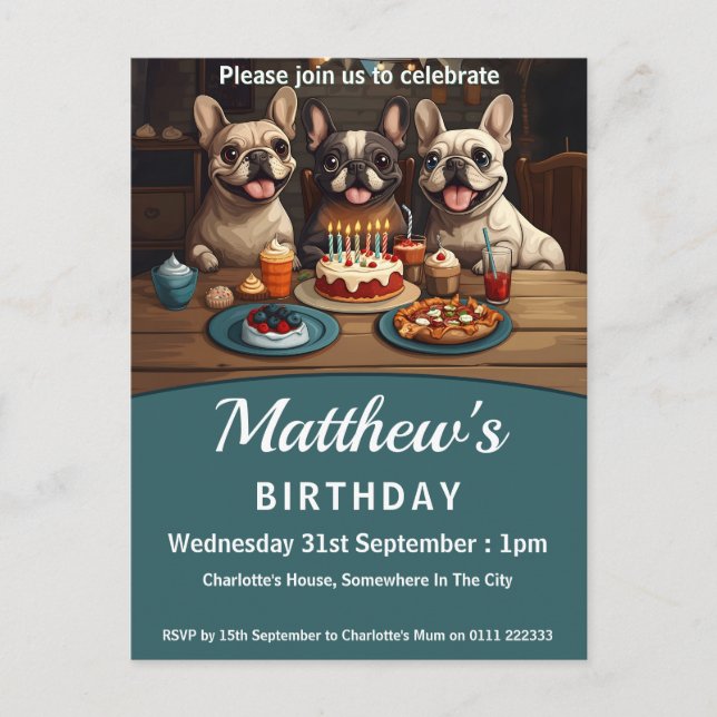 French Bulldogs Birthday Party Invitation Postcard (Front)