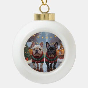 French Bulldogs Christmas Snow Holiday Ceramic Ball Christmas Ornament