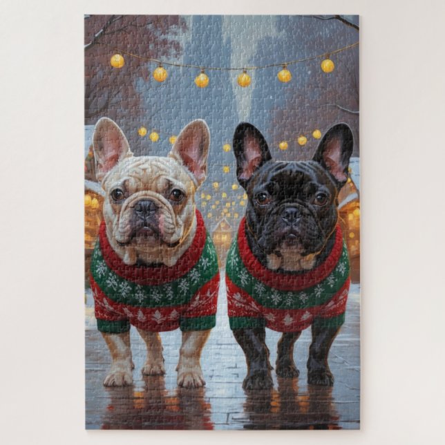 French Bulldogs Christmas Snow Holiday Jigsaw Puzzle (Vertical)