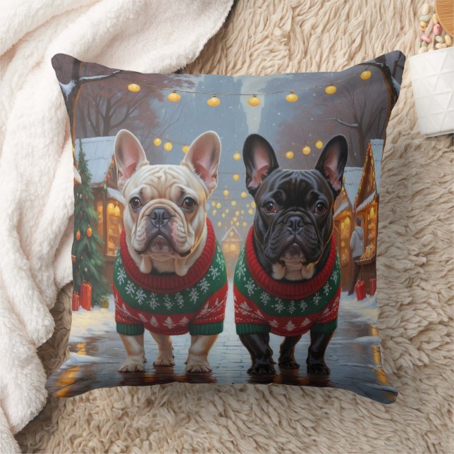 French Bulldogs Christmas Snow Holiday Throw Pillow (Blanket)