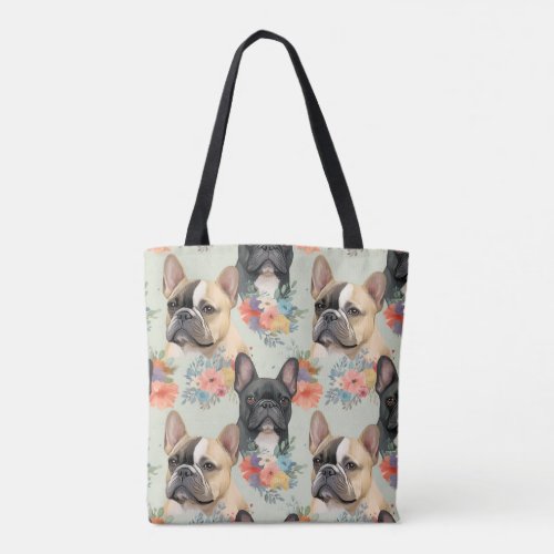 French Bulldogs  Flowers all over Tote Bag 