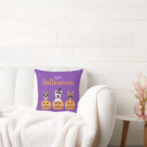 French Bulldogs Happy Halloween Throw Pillow