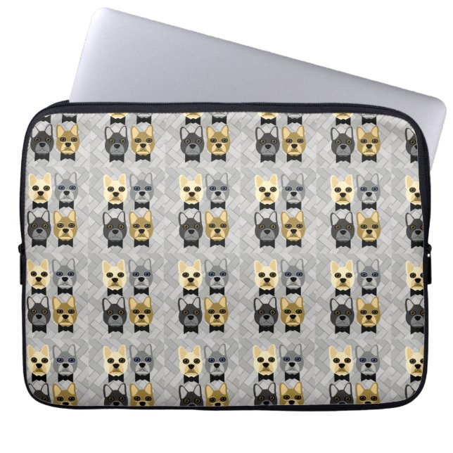 French Bulldogs Herringbone Grey Laptop Sleeve (Front)