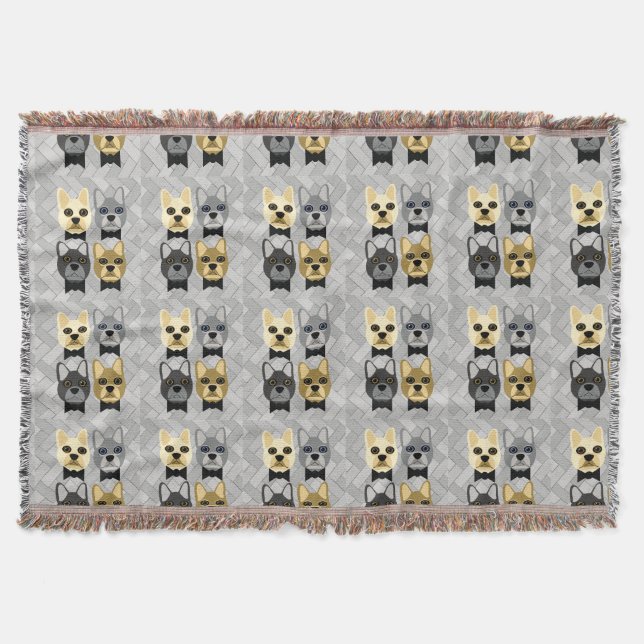 French Bulldogs Herringbone Grey Throw Blanket (Front)