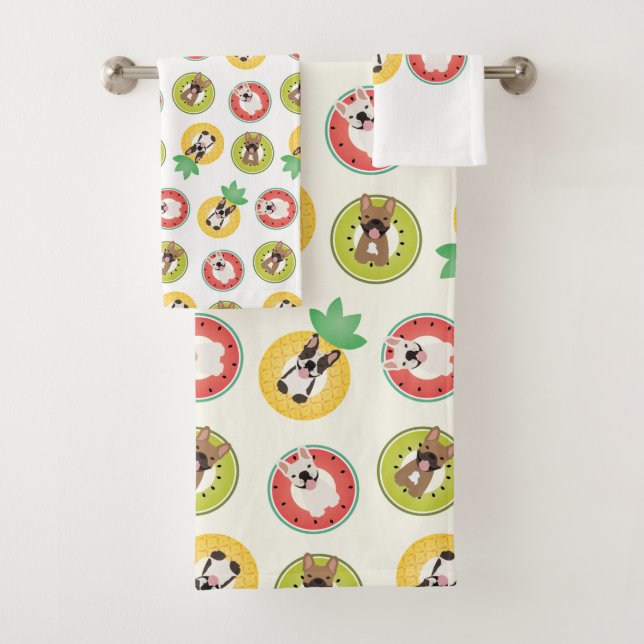 French Bulldogs In Fruit Pool Floats Pattern Bath Towel Set (Insitu)