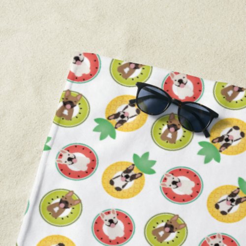 French Bulldogs In Fruit Pool Floats Pattern Beach Towel