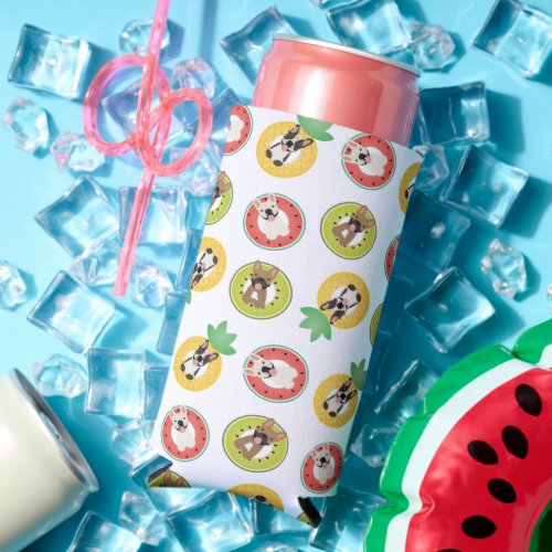 French Bulldogs In Fruit Pool Floats Pattern Seltzer Can Cooler