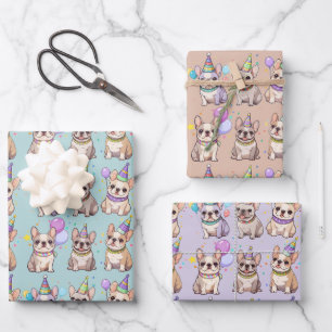 French Bulldogs Pastel Birthday Pattern Wrapping Paper Sheets