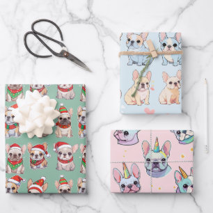 French Bulldogs Pastel Christmas Pattern Wrapping Paper Sheets