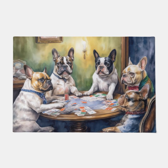 French Bulldogs Playing Poker Painting Doormat (Front)