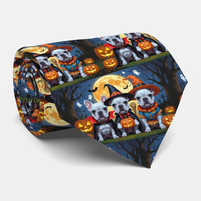 French Bulldogs Pumpkin Halloween Funny  Neck Tie (Rolled)
