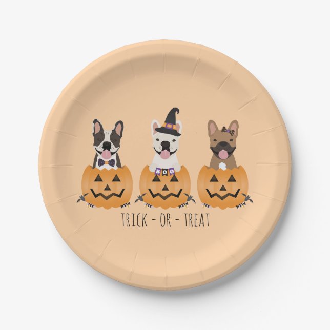 French Bulldogs Trick Or Treat Pumpkin Paper Plates (Front)