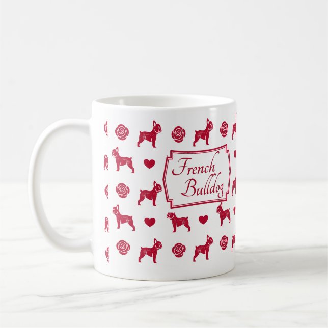 French Bulldogs with Red Roses and Hearts Coffee Mug (Left)