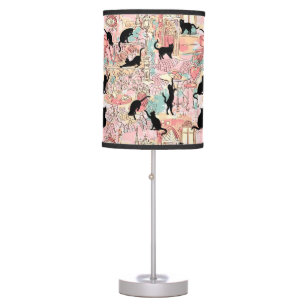 French Cafe Black Cats On Pink Green Pattern Table Lamp