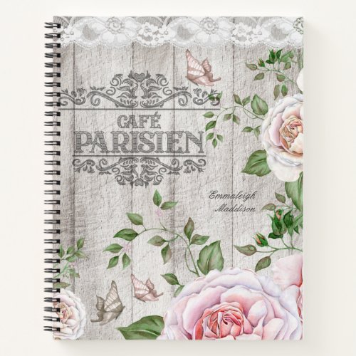 French Cafe Parisien Floral Wood Board Notebook