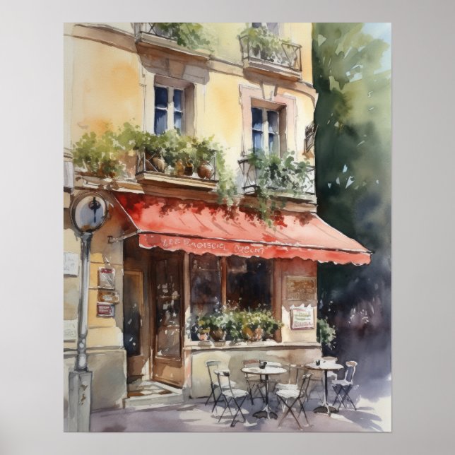 French Cafe Watercolor Landscape Art Print Poster (Front)