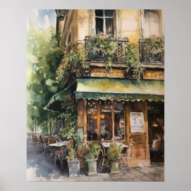 French Cafe Watercolor Landscape Art Print Poster (Front)
