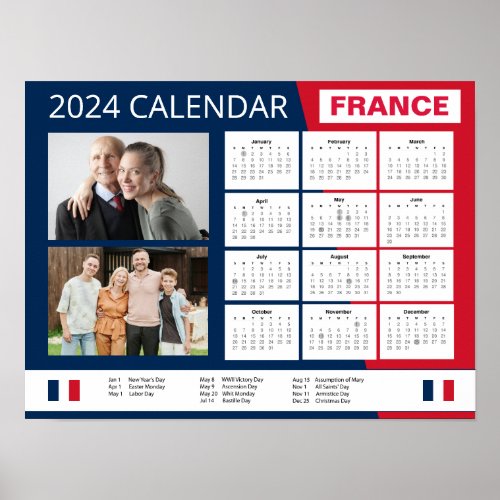 French Calendar in English  Add Your Photo 2024  Poster