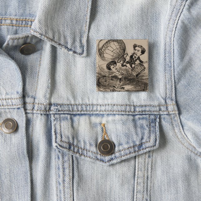 French Caricature Of Balloonist In Hot Air Balloon Button (In Situ)