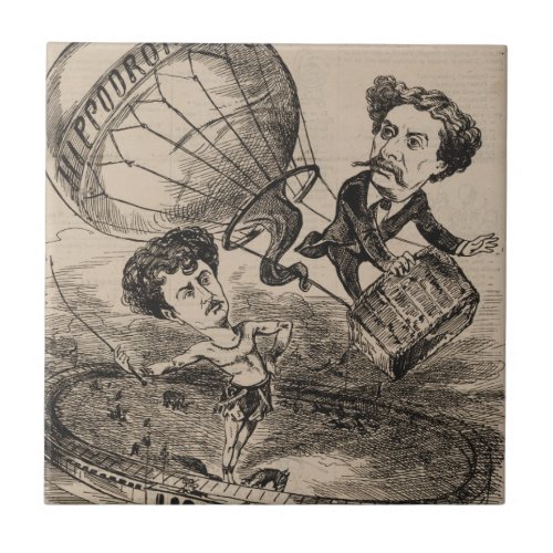 French Caricature Of Balloonist In Hot Air Balloon Ceramic Tile