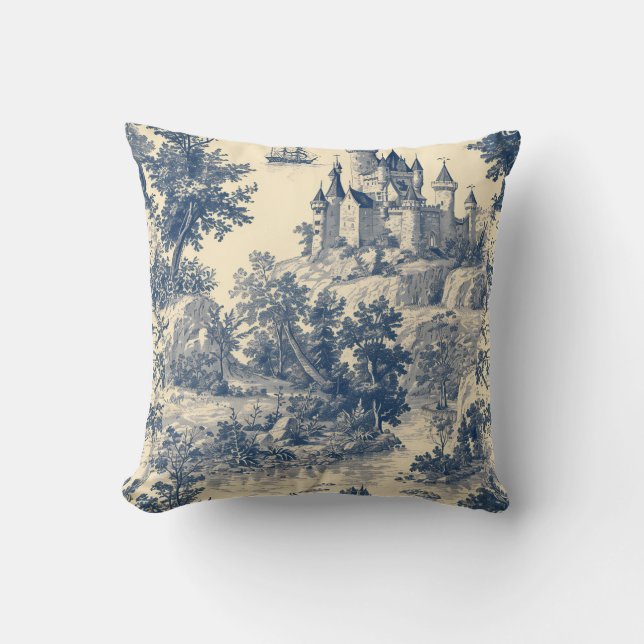French Castle Toile de Jouy Throw Pillow (Front)