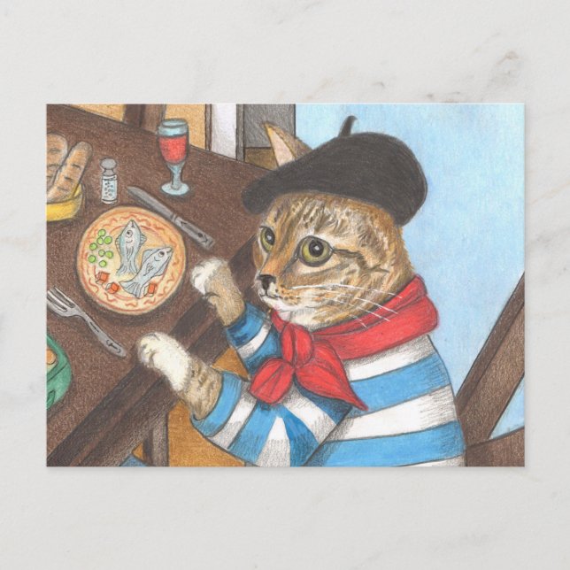 French Cat enjoying a delicious fish dinner  Postcard (Front)