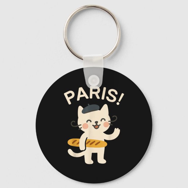 French Cat With Baguette Cute Cat Paris Funny Anim Keychain (Front)