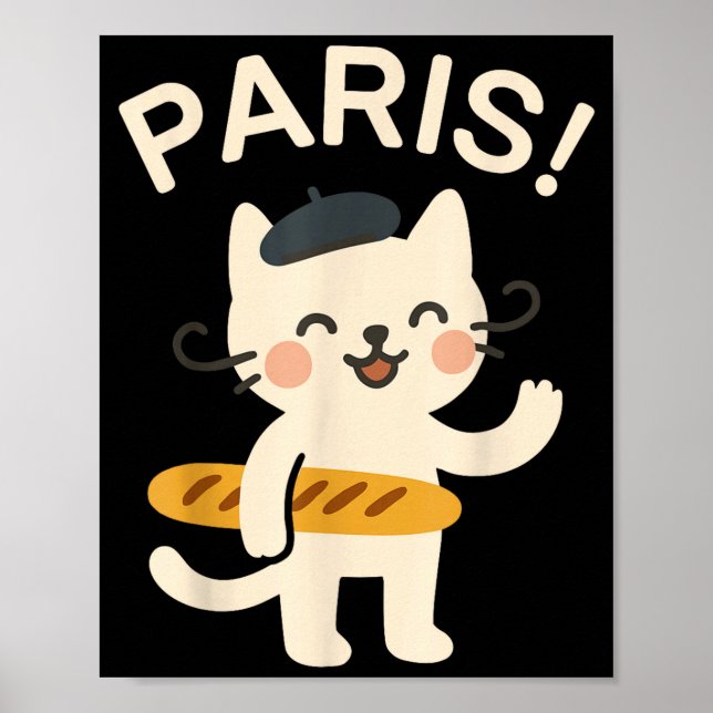 French Cat With Baguette Cute Cat Paris Funny Anim Poster (Front)