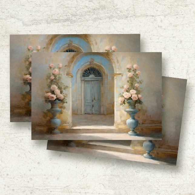 French Chateau Courtyard Blue Pink Floral Roses Tissue Paper (Creator Uploaded)