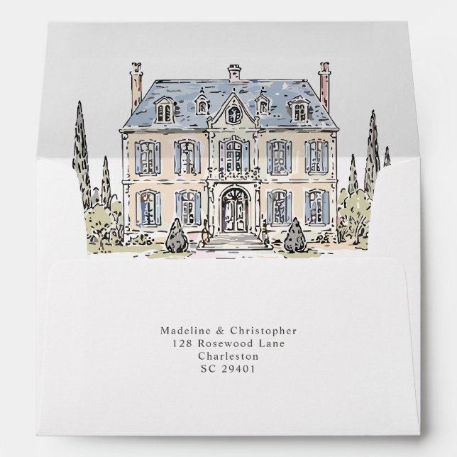 French Chateau Floral Bow Wedding Monogram Envelope (Back (Bottom))