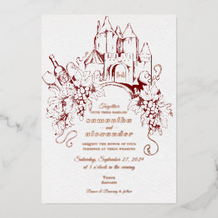 French Château Grape Vine Vineyard Winery Wedding Foil Invitation