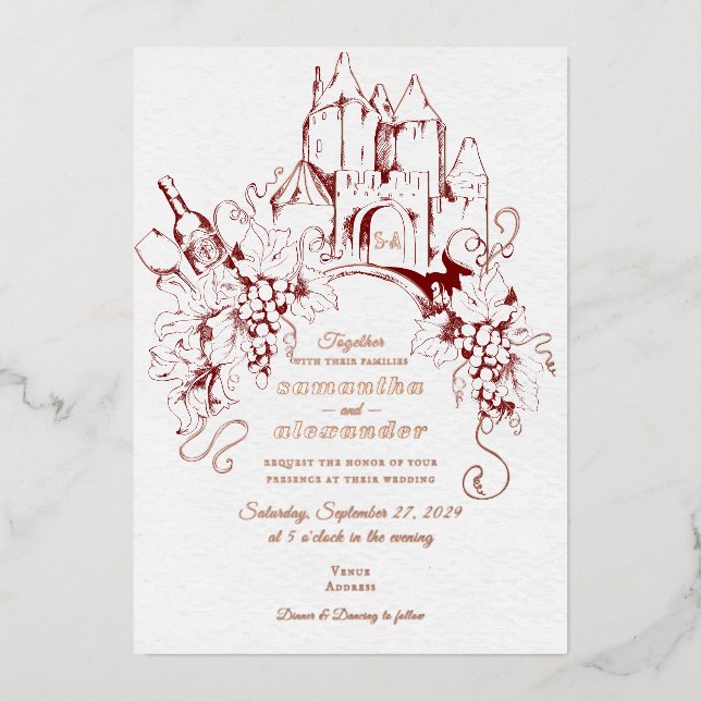 French Château Grape Vine Vineyard Winery Wedding Foil Invitation (Front)