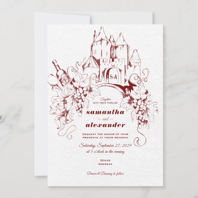 French Château Grape Vine Vineyard Winery Wedding Invitation (Front)
