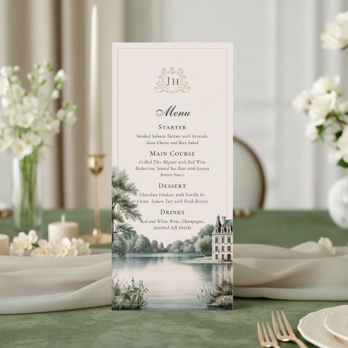 French Château Monogram Elegant Wedding Menu Card