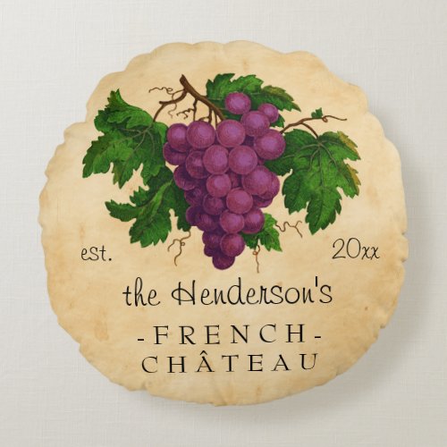 French Chateau with Grapes Vintage Personalized Round Pillow